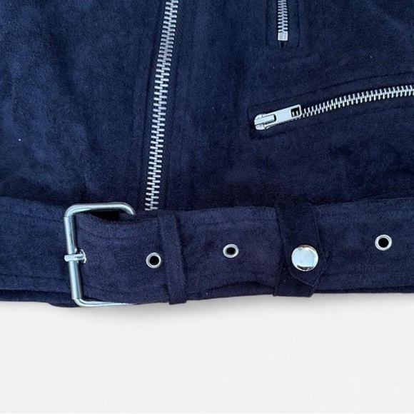 Medium Olivaceous Women’s Moto Jacket Style faux Suede Black Zippers Pockets - Picture 3 of 6